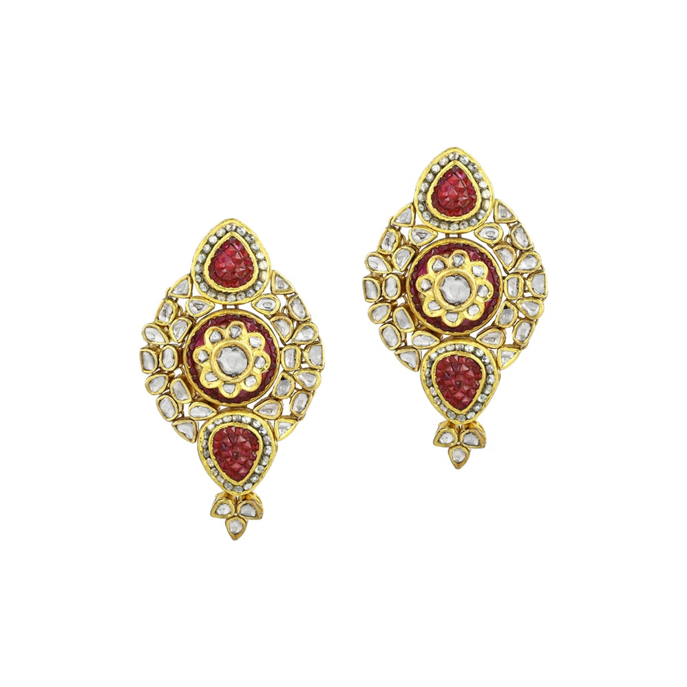 Central Floral Polki Earrings with Red Gemstones